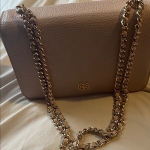 Tory Burch Beige Leather Crossbody Bag with Gold Chain